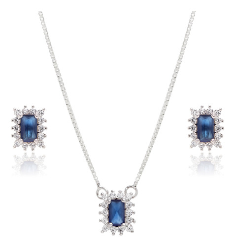 Conjunto Cristal Azul Safira Zircônias Joia Em Prata 925