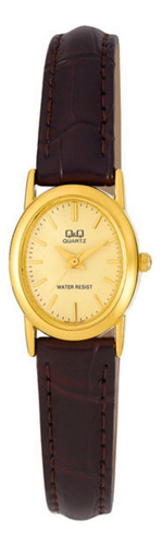 Reloj Mujer Q&q Qyq Q859-100y Dorado Cuero Dama + Estuche