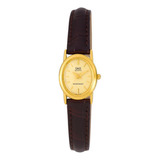 Reloj Mujer Q&q Qyq Q859-100y Dorado Cuero Dama + Estuche