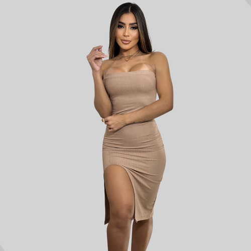 Vestido Midi Justo Tomara Que Caia C/ Fenda Lateral Com Bojo