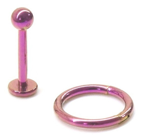 Kit 2 Piercing Labret Liso E Argola Click Anodizada Fúscia 