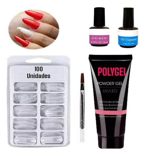 Kit Polygel Alongamento Molde F1 Pincel Prime Top Coat Unha