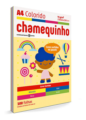 Papel Chamequinho Colorido 4 Cores Sulfite A4 75g 100 Folhas