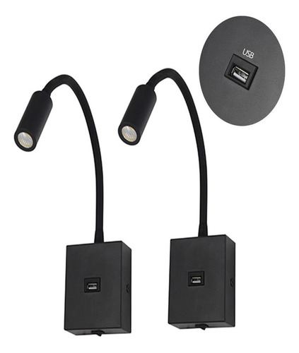 Kit 2un Arandela Cabeceira Leitura Led Preto Usb Interruptor