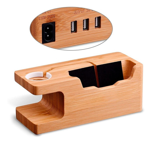 Base Soporte De Carga Bambu Para iPhone 12 Y Apple Watch