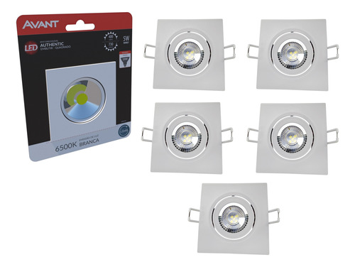 5x Spot Led 5w Avant Quadrado Branco Frio Direcionável 6500k