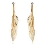 Finos Aretes Largos Hojas Filigrana Swarovski Oro 14k Lam