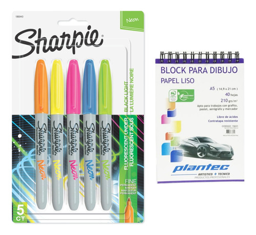Kit 5 Marcadores Sharpie Colores Neon Brilla Luz Uv Block A5