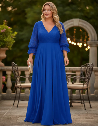 Vestido Longo De Festa Plus Size Com Renda, Manga Ps62