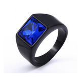 Anel Masculino Aço Tungstênio Preto Pedra Cristal Azul Blue