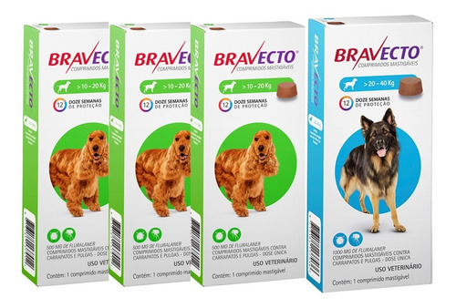 3 Bravectos De 10 A 20kg + 1 Bravecto De 20 A 40kg