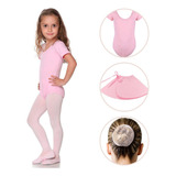 Collant Meia Manga + Saia + Redinha Balé Ballet Infantil 