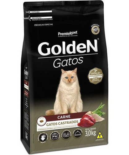 Ração Golden Gatos Adultos Castrados Carne 3 Kg