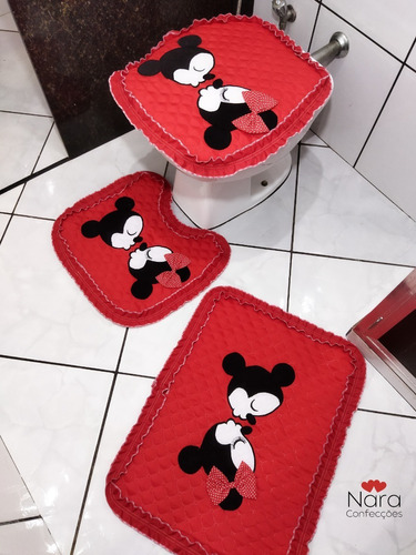 Jogo De Tapetes Para Banheiro Kit Minnie E Mickey 3 Peças 