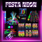 Kit Festa Neon 100 Pulseiras + 40 Adereços Color 140 Pessoas