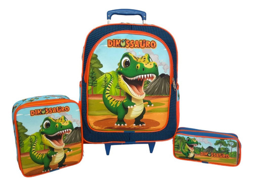 Kit Mochila Infantil Escolar Rodinhas Dinossauro Baby Tam G