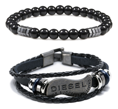 Pack Pulseras Cuero Hombre Y Pulsera Piedras Onix Brillante