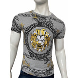 Playera León En Tarjeta Pedrería Tipo Philipp Plein Slim Fit