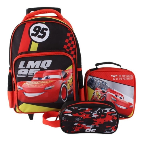 Mochila Escolar Con Ruedas Cars Rayo Mq + Lonchera + Estuche