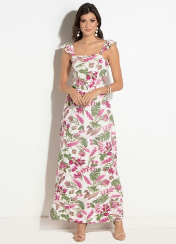 Vestido Longo Floral Com Elastico Nas Alças Moda Evangelica