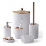 Kit 6 Peças Banheiro Lavabo Branco Com Acabamento Em  Bambu