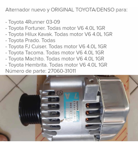 Alternador Toyota Fortuner Kavak Prado 4runner Motor 1gr 4.0 Foto 2