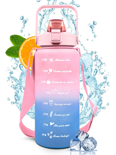 Botella De Agua Motivacional 2l Con Popote Y Marcador Tiempo