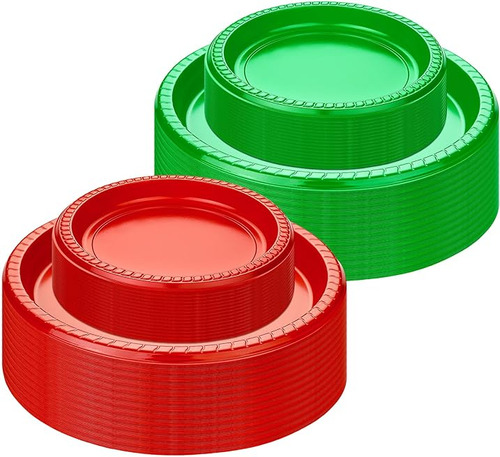 120 Platos Plástico Desechables Navidad Platos Verdes Y Rojo