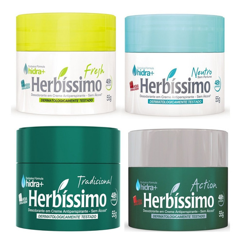 4 Desodorante Creme Antitranspirante Herbissimo Variados 55g