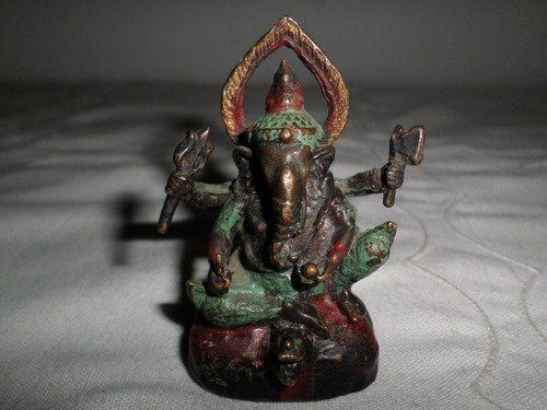 Figura Antigua Ganesha Bronce Policromado 7 Cm Alto
