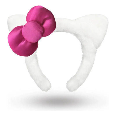 Diadema Gatito Con Lazo Rosa, Orejas Gato Blanco,