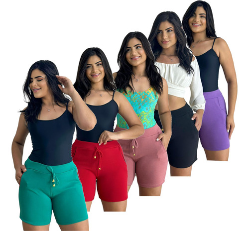 Kit Com 5 Shorts Feminino Bermuda Secretária Malha Crepe