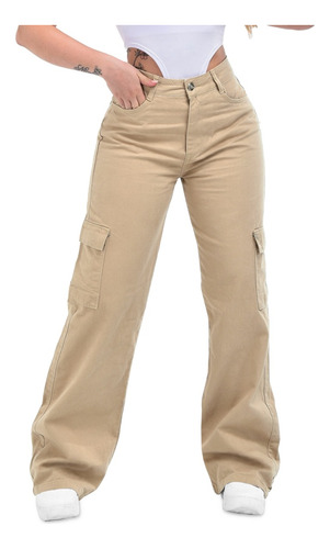 Calça Jeans  Wide Leg Cargo Pantalona Cintura Alta Perfeita 