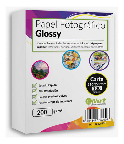 Papel Fotográfico Glossy Tamaño Carta 200 Gr Pack 100 Hojas