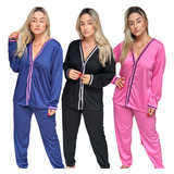 Kit 3 Pijama Feminino  Inverno Longo Com Botão Amamentação