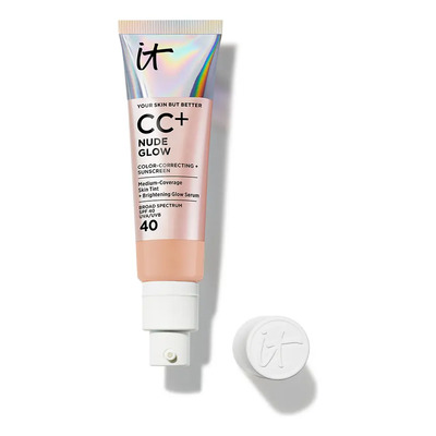It Cosmetics CC Cream Nude Glow con Protector Solar FPS 40 + Suero Iluminador – Base de maquillaje con Niacinamida, Ácido Hialurónico, Cobertura Alta, Acabado Luminoso Natural, 32 ml, Neutral Tan | Meses sin interés