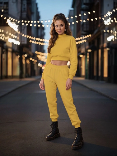 Conjunto Invierto Sudadera Crop Top Cuello Alto Con Pantalon