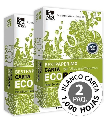 Papel Ecobond 70 Blanco Carta - 2 Paquetes (1,000 Hojas)