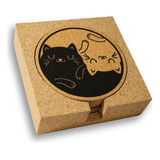 Portavasos De Corcho Yin Yang Cat Con Estuche (set X6)