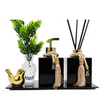 Kit Lavabo Cubo Preto Luxo Dourado Com Bandeja E Enfeite 