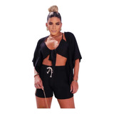 Conjunto 3 Peças Feminino Kimono Croped E Shorts Moda Verão