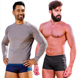 Kit Masculino Sunga Box C/ Zíper Camisa Térmica Proteçao Uv