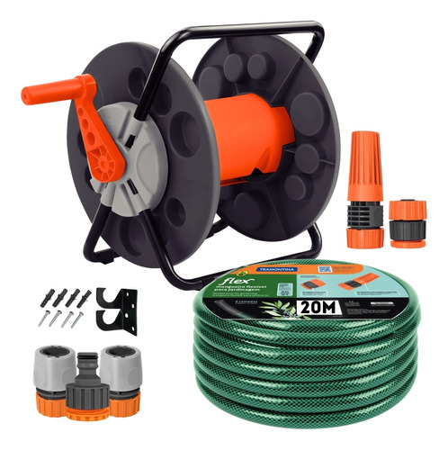 Kit Jardinagem Enrolador Fixo + Mangueira 20m Pvc Tramontina