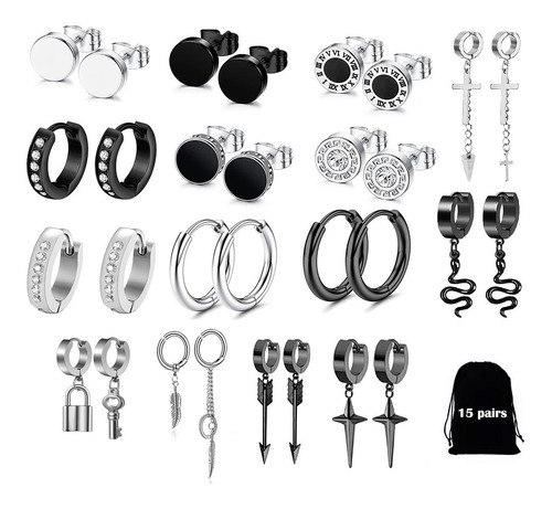 15 Pares Aretes Con Piercing Pendientes Hombre+bolsa De Tela