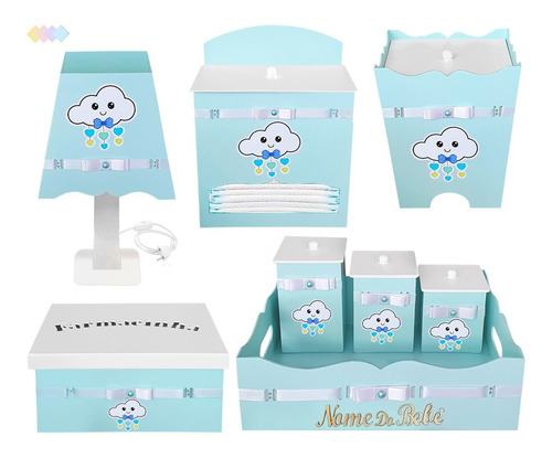 Kit Higiene Mdf Nuvem Gotas De Amor Personalizado Nome Bebê 