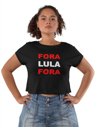 Camiseta Baby Look Fora Lula Feminina Preto