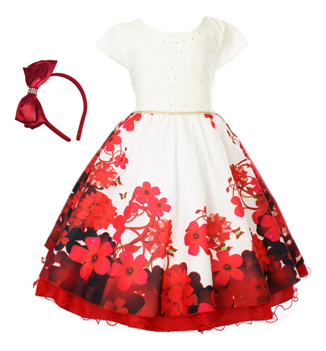 Vestido Estampado Vermelho Festa Infantil Menina Princesa