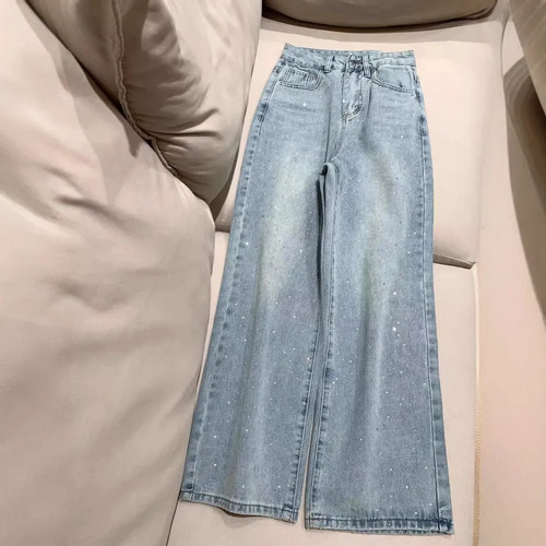Jeans Pedreria Tiro Alto Holgado Recto Largo Adelgazante