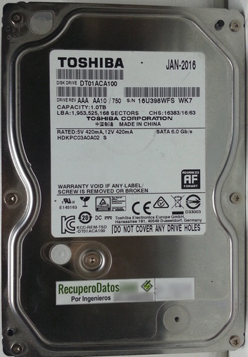 Disco Toshiba Dt01aca100 1000gb Sata 3.5, 3003 Recuperodatos