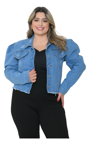 Jaqueta Jeans Plus Size Feminina Com Elastano Manga Princesa